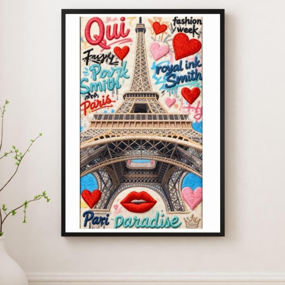 Paris Tower Pop Stencil‎ Embroidered Re-Print Stretched Canvas RTH 11x17